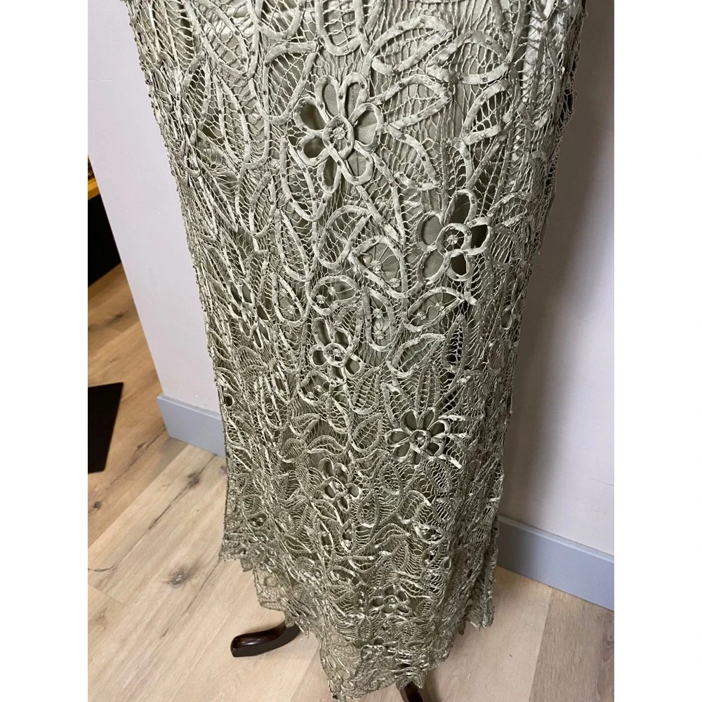Vintage 90s Y2K Silk 3 Piece Set Lace Beaded Blouse Tank Skirt Sage Green Formal